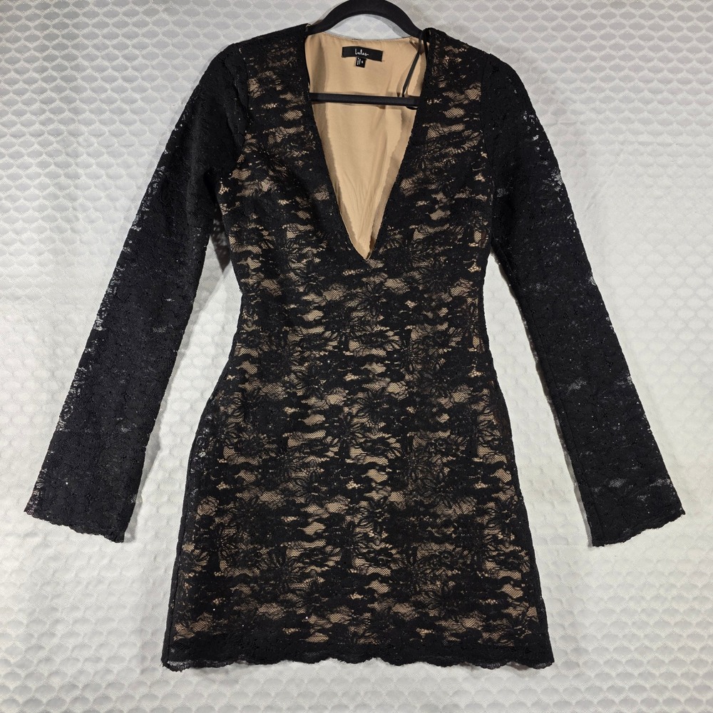 Lulus Black Lace Sequin Deep V-Neck Long Sleeve Mini Dress Nude Lining Womens S